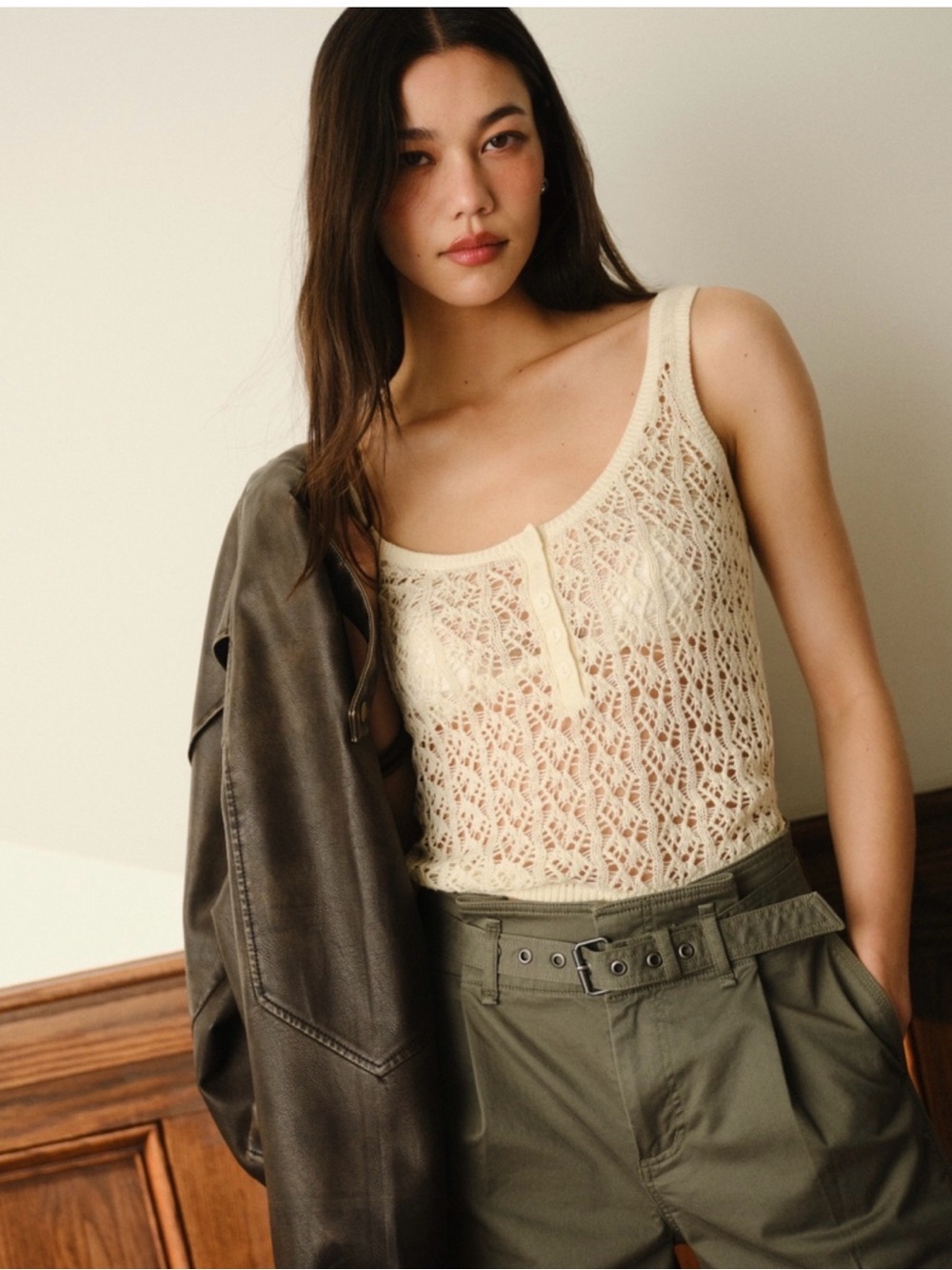 Abercrombie & Fitch Lace Knit Scoop Neck Tank Top - Cream - NWT